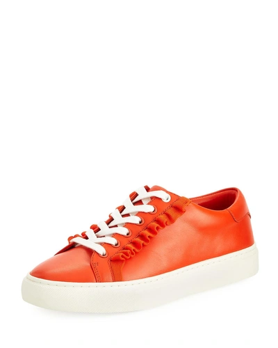 Tory Sport Ruffle Leather Low-top Sneakers In Sweet Tangerine/ Tangerine