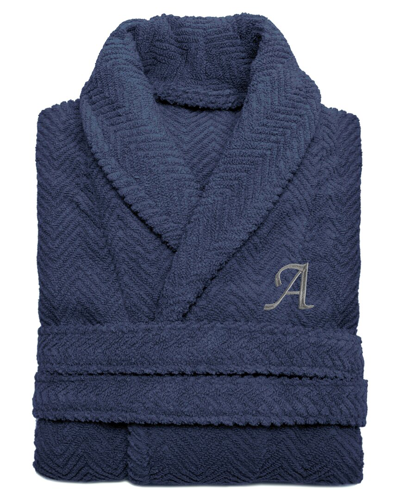 Linum Home Textiles Unisex Herringbone Weave Bathrobe (monogram, A-z) In Blue