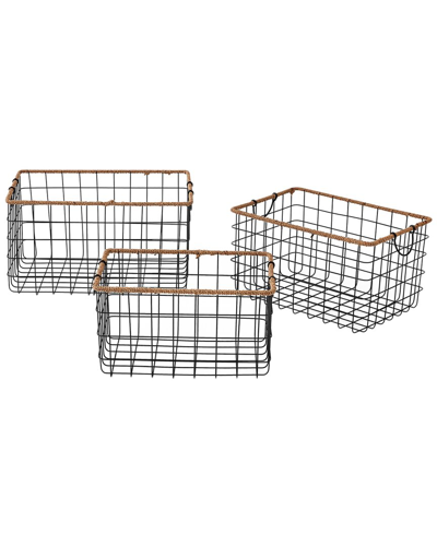 Baum Rectangular Grid Black Wire Baskets With Jute Rim And Fold Down Ear Handles, Set Of 3 In Black,natural