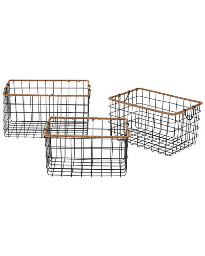 Baum Rectangular Grid Black Wire Baskets With Jute Rim And Fold Down Ear Handles, Set Of 3