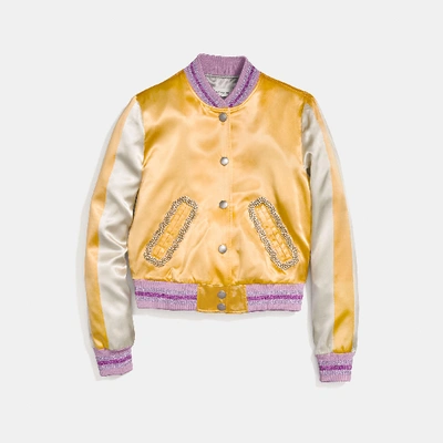 Coach Satin Varsity Jacket In Yellow - Size 06 In Dirty Gold