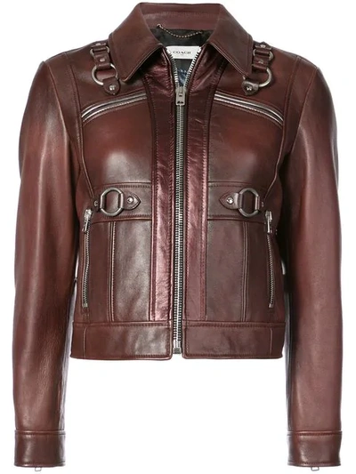 Coach Burnished Leather Coat With Harness Detail In Brown - Size 08