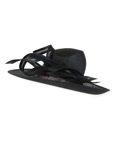 Philip Treacy Oval Straw Hat W/ Self Ribbons In Black
