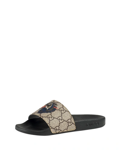 Gucci Pursuit Angry Cat & Wolf Gg Supreme Canvas Slide Sandals, Toddler/youth Sizes 10t-2y In Beige