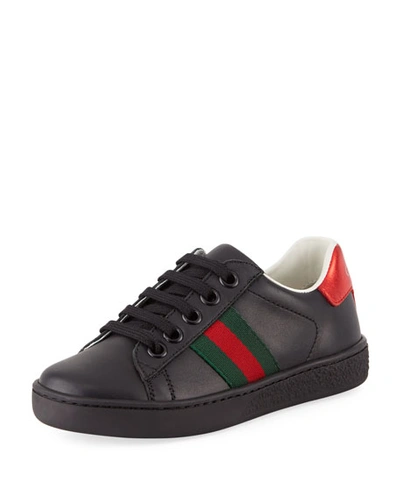 Gucci Kids' New Ace Web-trim Leather Sneaker, Toddler/youth Sizes 10t-2y In Black