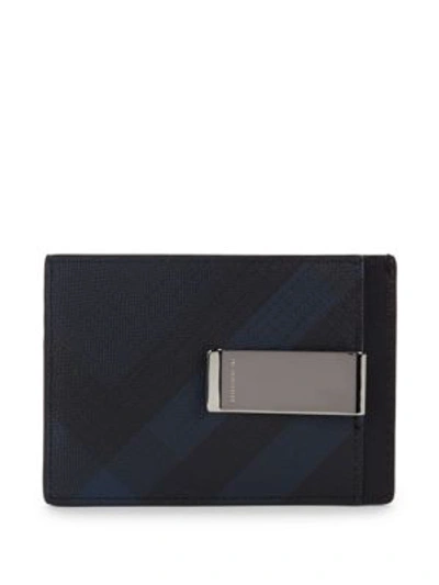 Burberry Chase Check Card Case With Money Clip In Navy Black