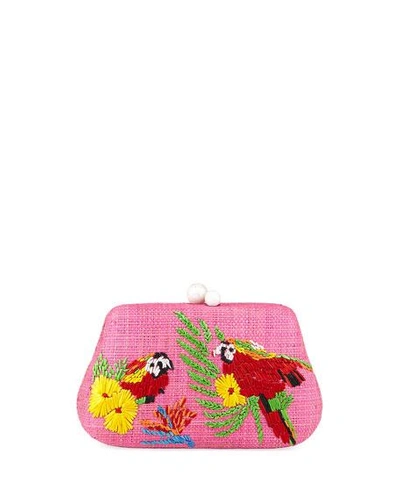 Rafe Rosie Small Straw Clutch Bag With Parrots In Pink
