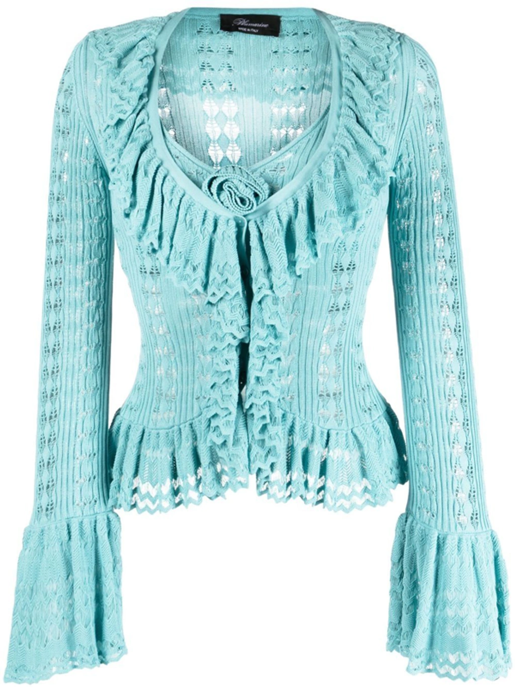 Blumarine Ruffle-trim Open Knit Cardigan In Turchese | ModeSens