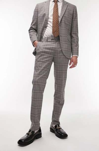 Topman Check Slim Fit Trousers In Grey