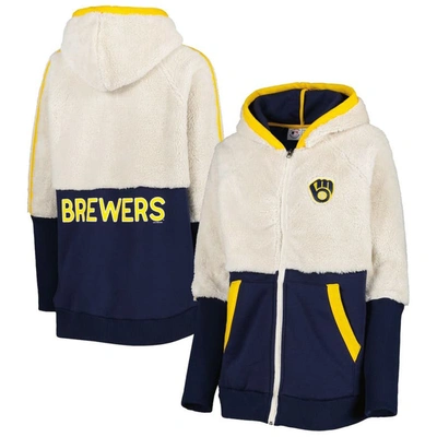 G-iii 4her By Carl Banks Women's  Oatmeal, Navy Milwaukee Brewers Shuffle It Raglan Full-zip Hoodie In Oatmeal,navy