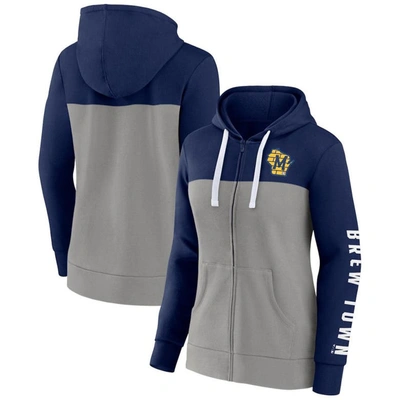 Fanatics Women's  Navy, Gray Milwaukee Brewers Take The Field Colorblocked Hoodie Full-zip Jacket In Navy,gray