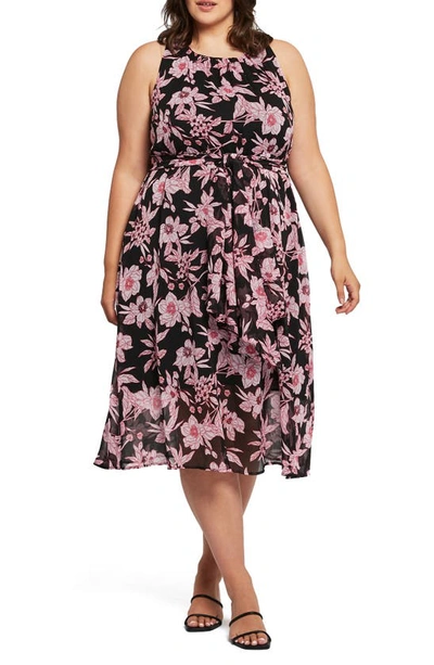 Estelle Agatha Floral Print Tie Waist Midi Dress In Black