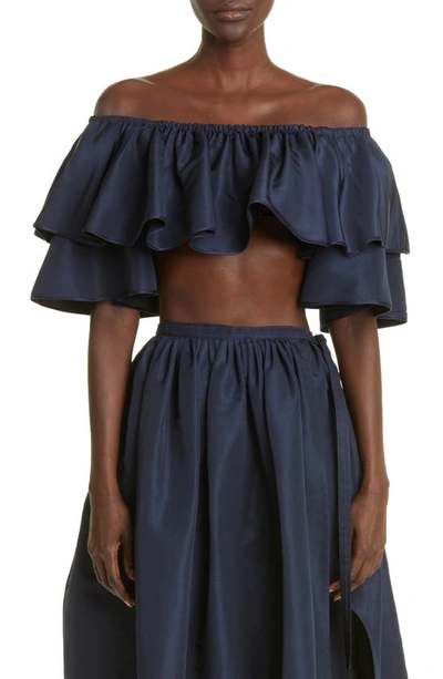 Adam Lippes Ruffle Off The Shoulder Silk Faille Crop Top In Blue