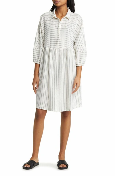 Caslon Stripe Long Sleeve Linen Blend Dress In White- Grey Ebony Stripe