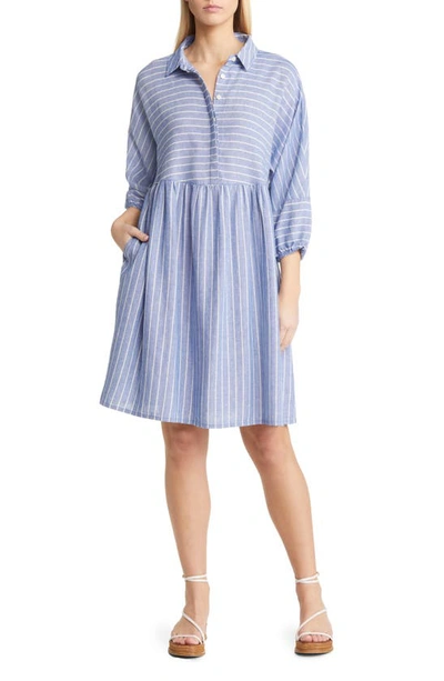 Caslon Stripe Long Sleeve Linen Blend Dress In Blue- White Lena Stripe