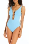 Bleu By Rod Beattie Kore Beaded Lace-up One-piece Swimsuit In French Bleu
