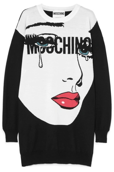 Moschino Eyes Oversize Intarsia Wool Knit Dress In Black