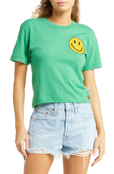 Aviator Nation Smiley Face Crop Boyfriend Graphic Tee In Kelly Green