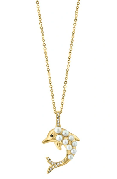 Effy 14k Gold Diamond & 2-3mm Cultured Pearl Dolphin Necklace In Yellow