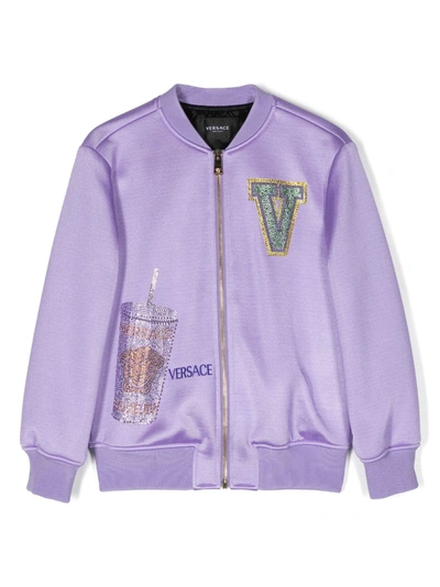 Versace Kids' Girls Lilac Logo Bomber Jacket In Baby Violet+multicolor