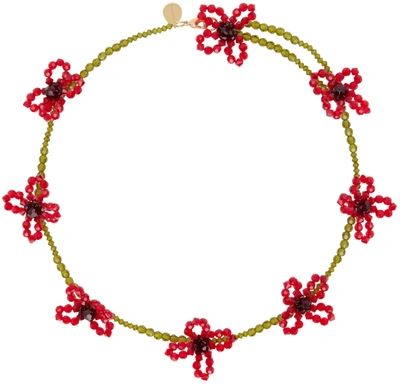 Simone Rocha Green & Red Beaded Flower Necklace In Multicolor
