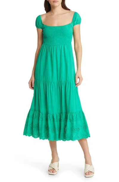 Area Stars Coco Cotton Smocked Eyelet Midi Dress In Green