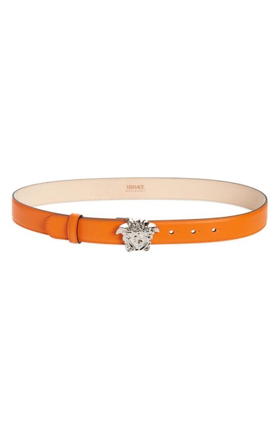 Versace Medusa Leather Belt In Orange/ Palladium