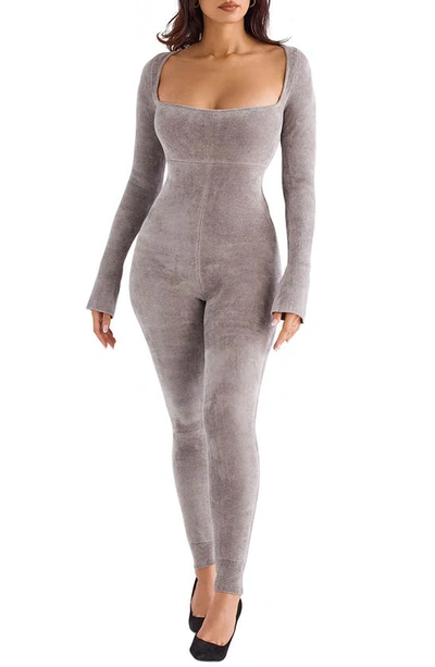 House Of Cb Chenille Long Sleeve Jumpsuit In Mink
