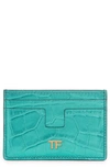 Tom Ford Metallic Croc-embossed Leather Card Case In Lagoon