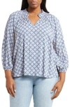 Caslon Floral Print Split Neck Shirt In Blue Ensign- Pink Luna Geo