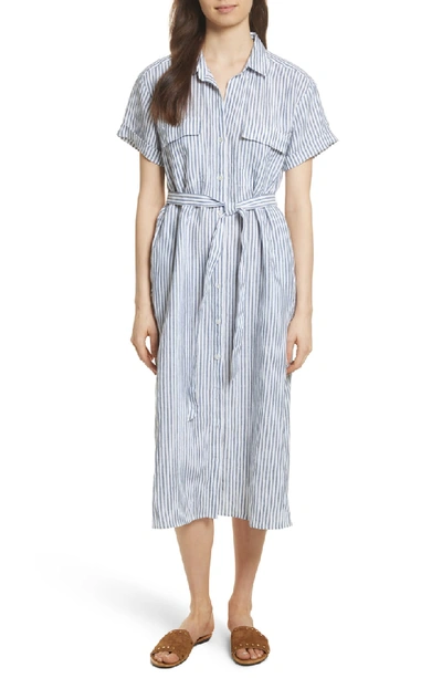 Frame Button-down Short-sleeve Striped Linen Shirtdress In Medium Blue Multi Stripe