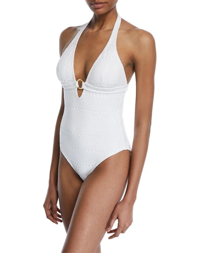 Letarte Lace Halter Ring One-piece Swimsuit In White