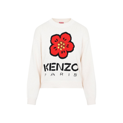 Kenzo Logo Intarsia Knitted Crewneck Jumper In Off White