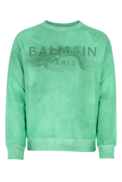 Balmain Logo Printed Crewneck Sweatshirt In Uft Vert D'eau/vert