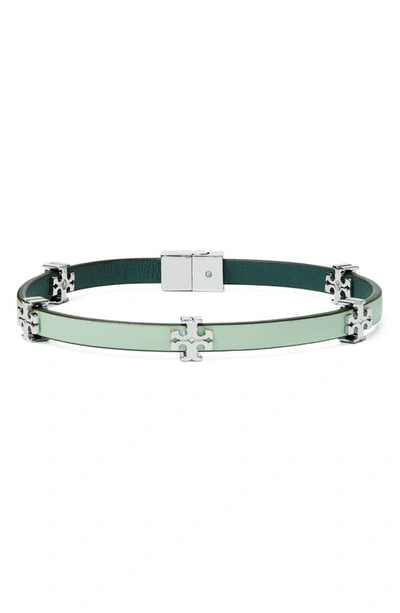 Tory Burch Eleanor Leather Bracelet In Tory Silver/mint Green