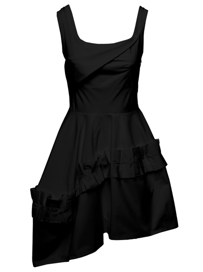 Alexander Mcqueen Black Mini Asymmetric Dress With Oversize Ruche In Cotton Woman