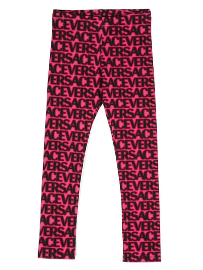 Versace Kids' Logo Print Cotton Jersey Leggings In Fucsia