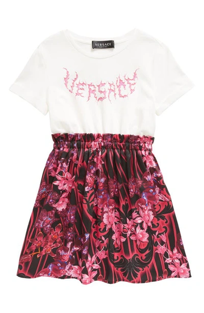 Versace Kids' Logo Print Cotton Poplin Midi Dress In Multicolor