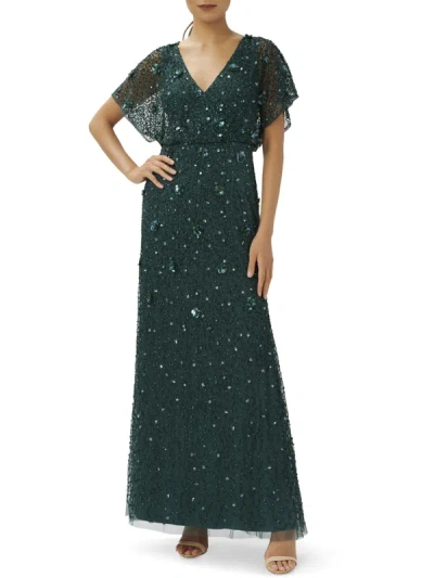 Adrianna Papell Womens Beaded Maxi Evening Dress In Green