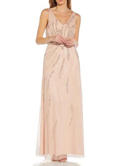 Adrianna Papell Plus Womens Embellished Prom Evening Dress In Beige
