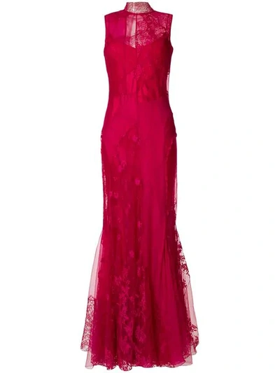 Givenchy Sleeveless Mock-neck Double-layer Mixed Lace Evening Gown In Pink
