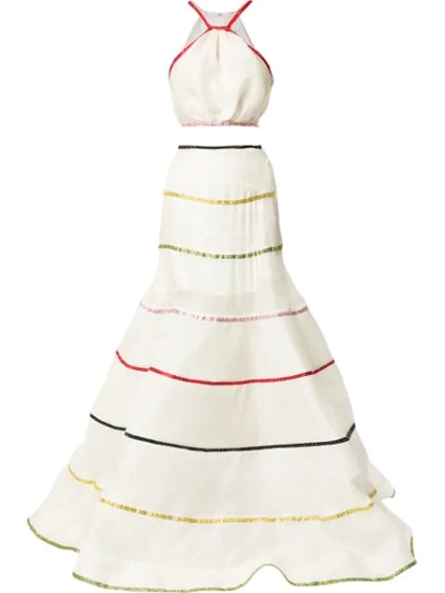 Rosie Assoulin Swarovski Rainbow Ribbon Crop Top & Ball Skirt In White