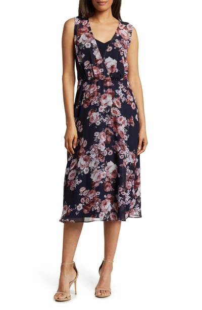 Connected Apparel Floral Sleeveless Chiffon Midi Dress In Navy/ Mauve