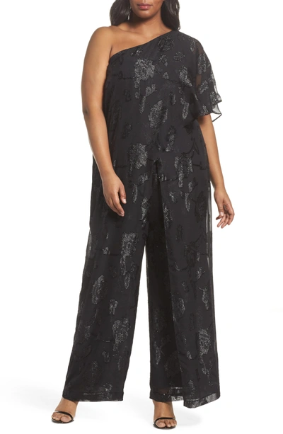 Adrianna Papell Floral Chiffon One-shoulder Jumpsuit In Black