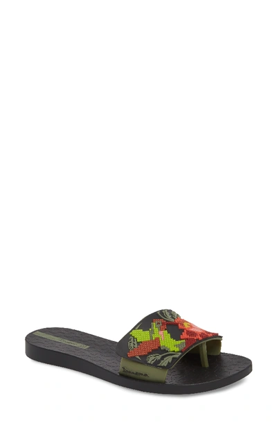Ipanema Nectar Floral Slide Sandal In Black/ Green