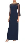 Alex Evenings Rhinestone Yoke Column Gown In Navy/ Silver