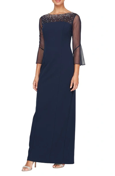 Alex Evenings Rhinestone Yoke Column Gown In Navy/ Silver