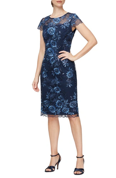 Alex Evenings Embroidered Sheath Dress In Navy