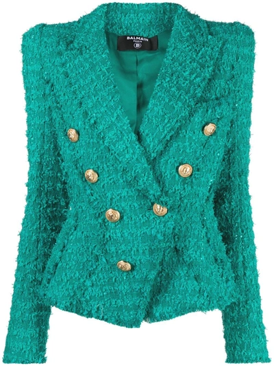 Balmain Double Breast Tweed Blazer Jacket In Vert Émeraude | ModeSens