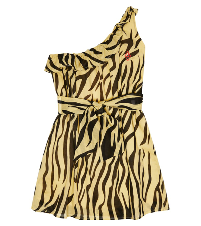 The Animals Observatory Kids' Printed One-shoulder Cotton Dress In Yellow Zebra